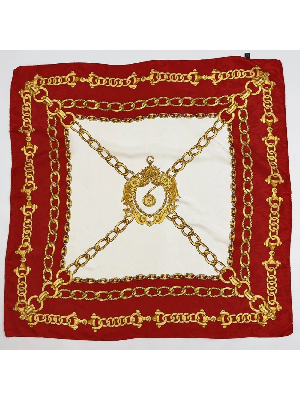 Vintage 100% Silk Scarf Red Ivory Baroque Lion Chain Italy 33”